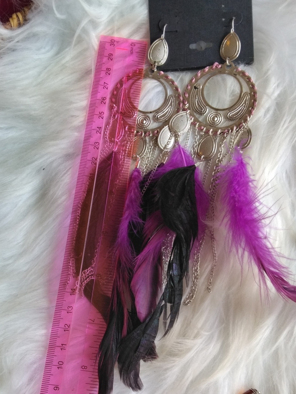 Boho Silver and Purple Feather Drop Earrings - Unbranded - Picture 5 of 5